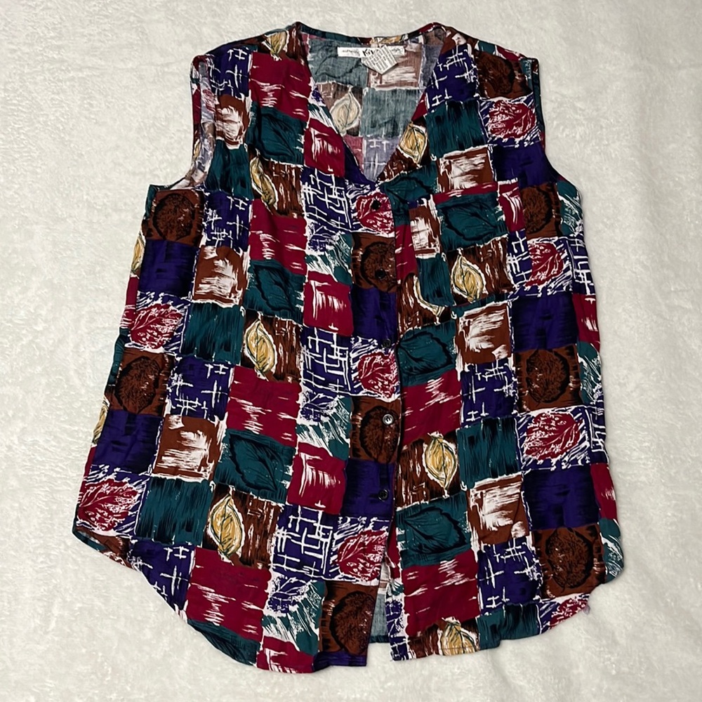 Vintage 90s Kikomo large fall leaves abstract sleeveless button down rayon top